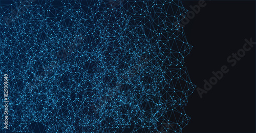 Abstract blue network of interconnected dots and lines against dark background.