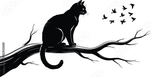 Detailed black cat silhouette perched on a textured tree branch watching a flock of tiny birds taking flight