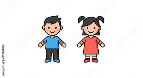 injured children a boy and girl with bandages on their arms standing side-by-side showcasing childhood accidents and the need for healthcare access.