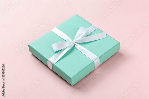 colorful gift box tied with a white satin bow on a pastel pink surface