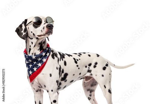 Dalmatian dog wearing patriotic bandana and round sunglasses striking confident pose, isolated on a transparent background