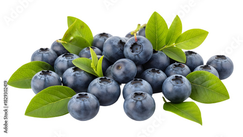 Fresh blueberries with green leaves isolated on transparent background