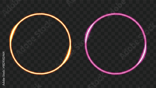 A set of two glowing neon rings, one orange and one pink, isolated on a transparent background.