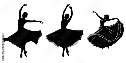 Black silhouette of a dancer performing a graceful spin with flowing dress and soft expressive movement.svg