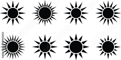 Eight bold black sun icons with sharp radiating rays arranged neatly on a white background