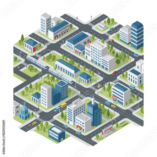Isometric Cityscape Illustration with Buildings, Roads, and Green Spaces.