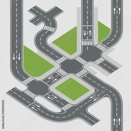 Complex Urban Road Network Intersection with Green Spaces.