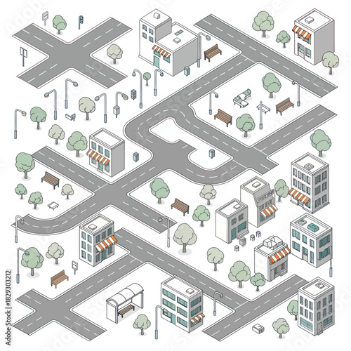 Isometric city map constructor with buildings, roads, trees, and streetlights.