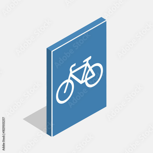 Isometric blue rectangular road sign with a white bicycle icon.