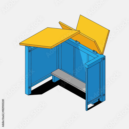 Blue and Yellow Bus Stop Shelter Illustration with Bench.
