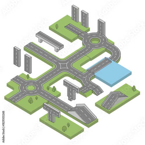Isometric Road Construction Kit with Roundabouts and Bridges.