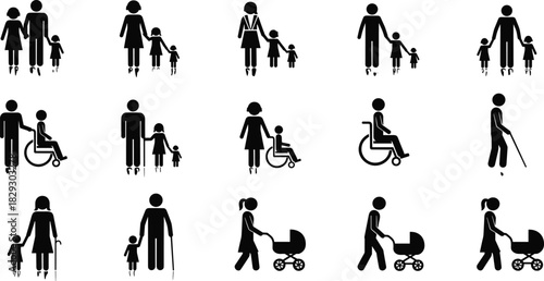 Family Disability and Accessibility Pictograms Set Vector Illustration of Parents Children Wheelchairs Canes and Baby Strollers for Public Signage.