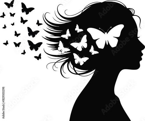 Elegant silhouette of a womans head and shoulders with numerous butterflies flying from her hair