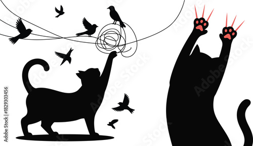 Energetic black cat trying to catch birds on a tangled line while another shows sharp red claws