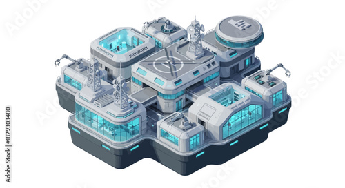 Futuristic research facility concept art with helipad and robotic arms, a modern architectural design for science and technology visualizations