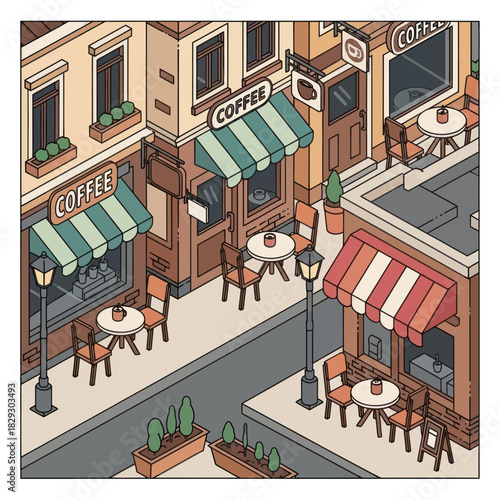 Coffee shop scene with tables and chairs, inviting customers to relax.