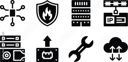Essential black glyph icons representing various crucial components of modern network infrastructure and data management