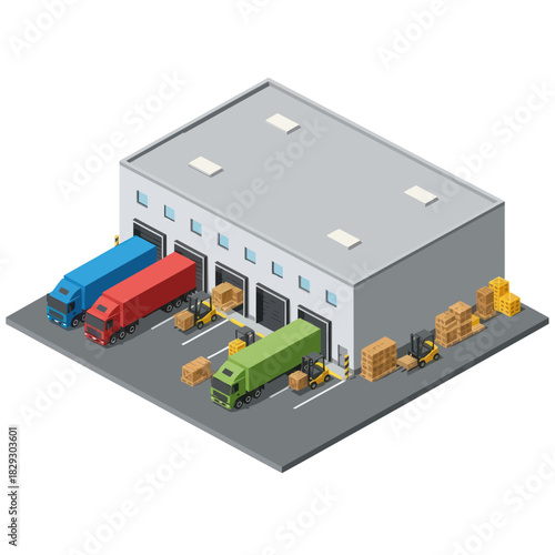 Isometric view of a modern warehouse with trucks at loading docks.