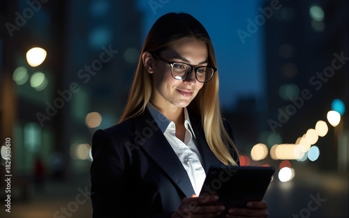 Female professional wearing eyeglasses using digital tablet at night. High quality