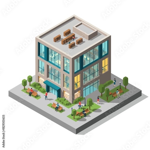 Modern office building with glass windows and outdoor seating areas.