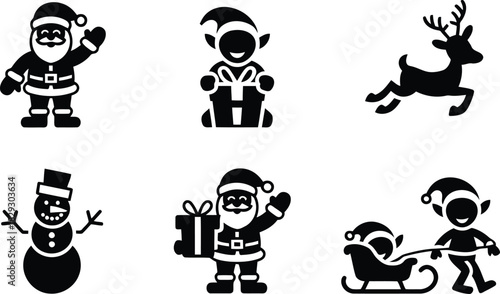 Festive black silhouette icons of Santa Claus, mischievous elves, a joyful reindeer, and a friendly snowman