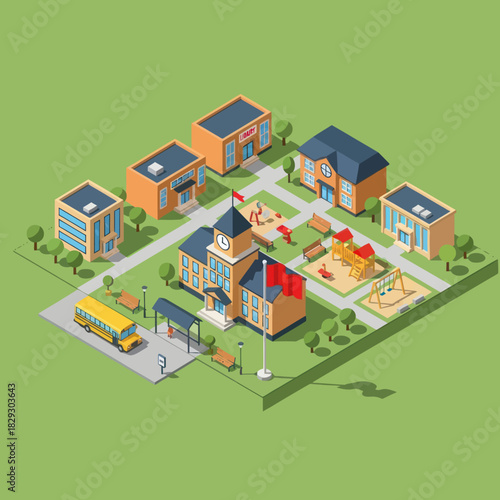 Isometric School Campus with Buildings, Playground, and School Bus.