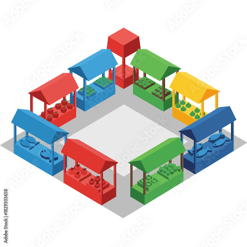 Isometric Market Stalls Arranged in a Square Layout.