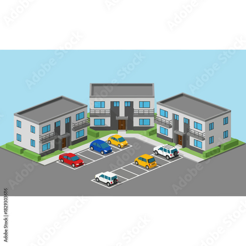 Apartment complex with parking spaces and various vehicles parked.