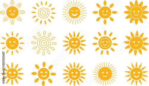 Fifteen yellow cartoon sun symbols displaying different smiling faces and ray patterns