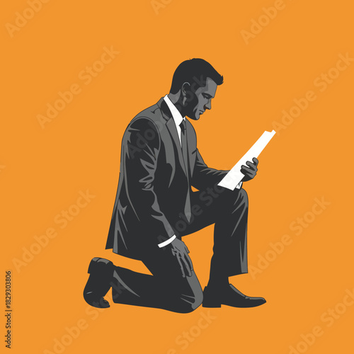 Serious Businessman in a Suit Kneeling to Read a Document.