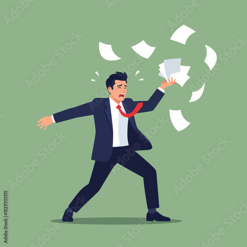 Stressed Businessman Overwhelmed by Flying Papers and Workload.