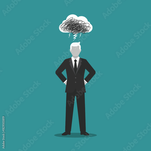 Businessman with Storm Cloud Above Head - Stress and Anxiety Illustration.