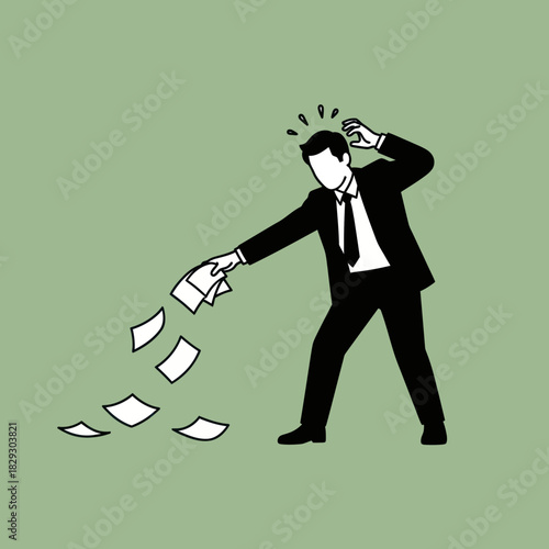 Stressed businessman in a suit dropping important papers illustration.
