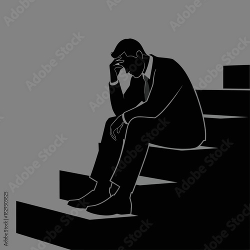 Depressed businessman sitting on stairs with head in hand, feeling down and defeated.