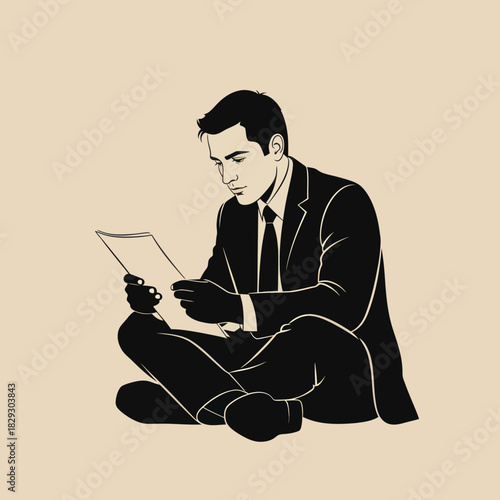 Businessman in suit reading document with focused attention and concentration.