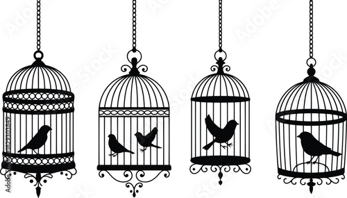 Four black silhouette birdcages with decorative elements and small birds sitting on perches
