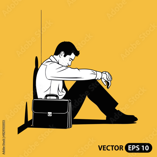 Despondent businessman sitting on the floor feeling defeated.