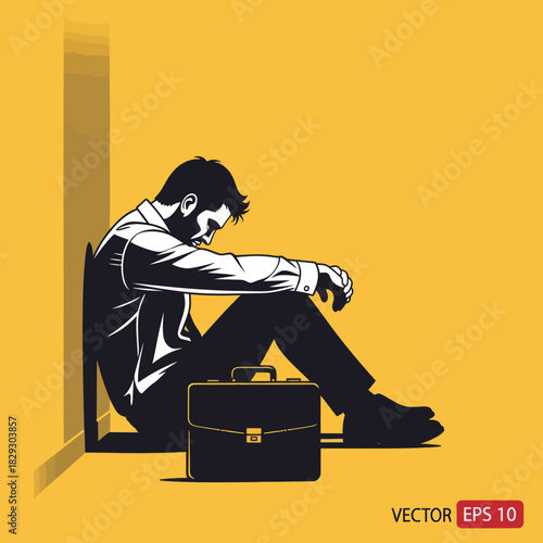 Man sitting in corner with briefcase feeling defeated and stressed.