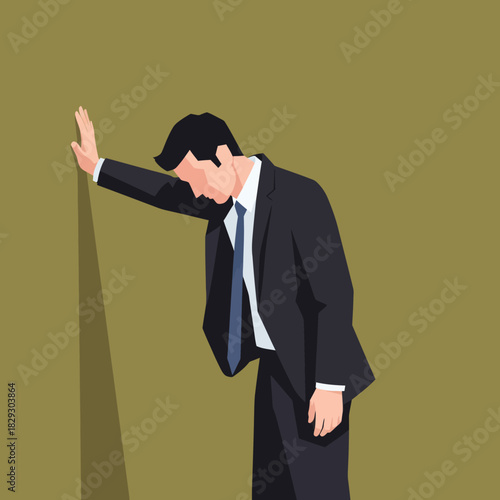 Despondent Businessman Leaning Against Wall in Distress.