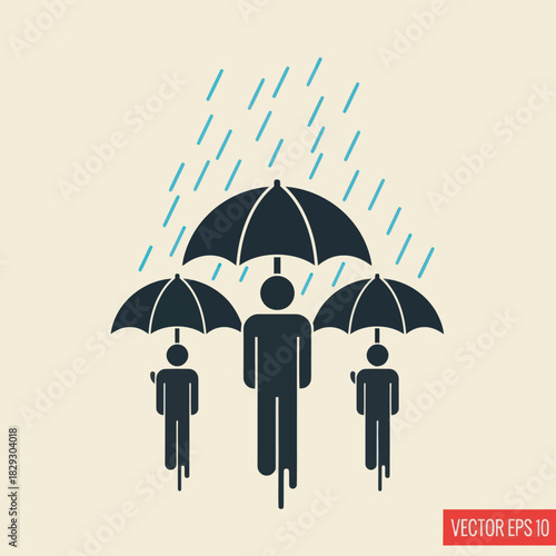 Three silhouette figures holding umbrellas in the rain concept icon.