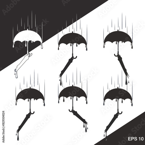 Set of six black umbrellas in the rain with water droplets falling.