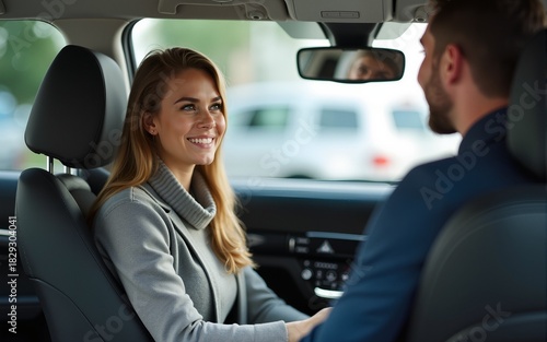 Young woman sitting in car looking at salesman in dealership. High quality