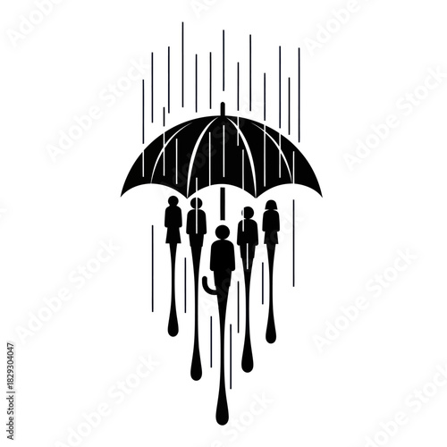 Umbrella protects people from rain, a symbol of protection and unity.