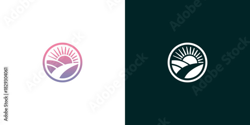 Circular minimalist logo featuring a gradient sunrise illuminating rolling fields, symbolizing growth, nature, and sustainability. Perfect for agricultural or eco-friendly branding