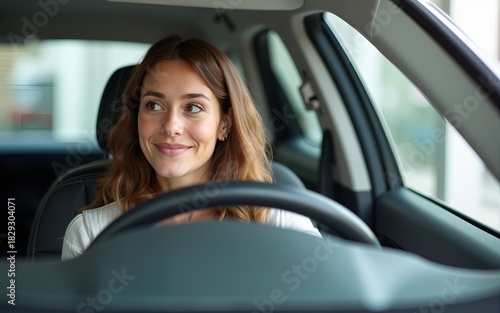 Young woman sitting in car looking at salesman in dealership. High quality