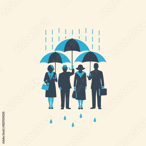 Four people sharing umbrellas in the rain protecting themselves.