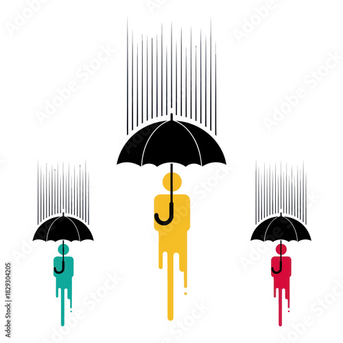 People with umbrellas in the rain, colorful illustration of protection.