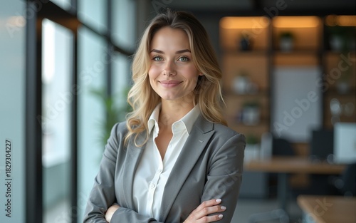 Female business professional with arms crossed standing in office. High quality