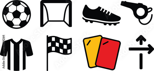 Fundamental soccer and football match icons, featuring player gear and referee disciplinary tools with a T shaped arrow