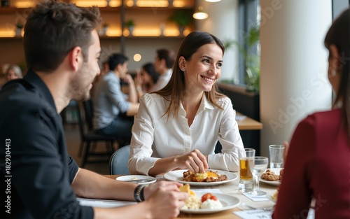 Businesswoman having food with colleague in restaurant. High quality